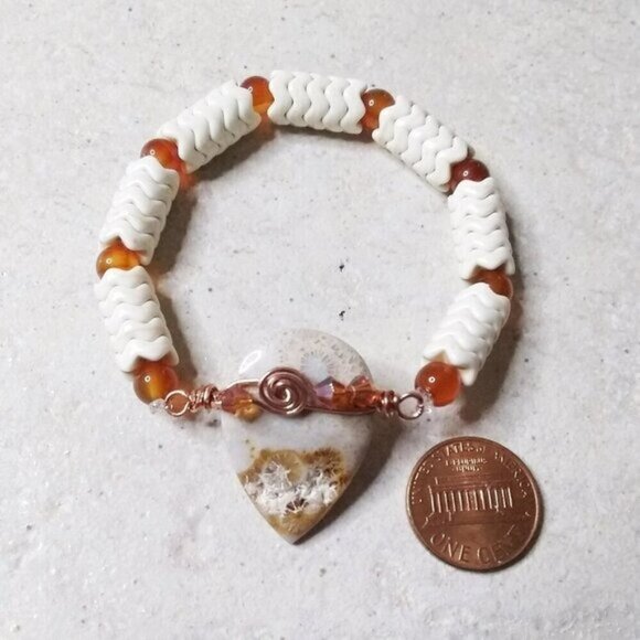 Rustic!!! Wire Wrapped Fossilized Coral Rock Teardrop Focal + Orange Agate Beads - Picture 1 of 12